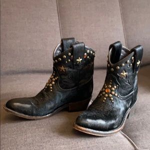 Gently Worn Ash Black Pony Hair/Leather Ankle Boots with Gold Studs & Stars